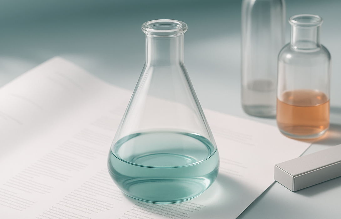 COA document with lab test results and cosmetic container, showing Certificate of Analysis in a lab setting