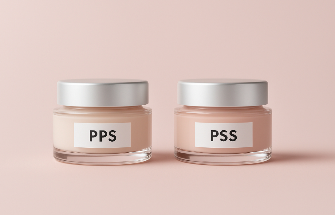 Side-by-side comparison of PPS and PSS cosmetic product samples with labels and color differences