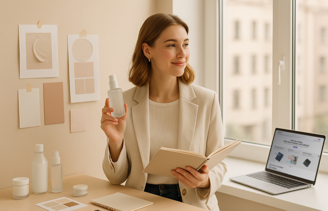 Young entrepreneur researching how to start a beauty brand online with cosmetic samples on desk